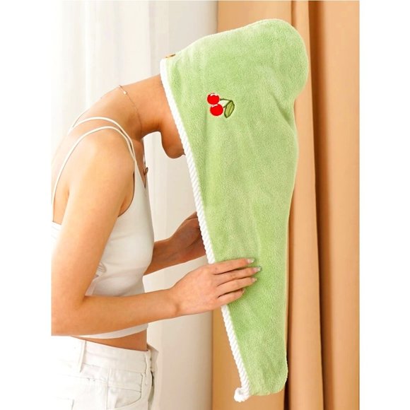 GREEN CHERRY EMBROIDERY HAIR TOWEL 1 PIECE - Picture 1 of 5